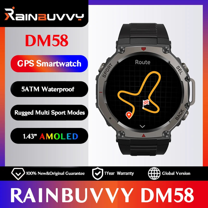 ساعة Rainbuvvy DM58 GPS الذكية بشاشة AMOLED IPS مقاس 1.43 بوصة ومعدل ضربات القلب وأكسجين الدم 5ATM مقاومة للماء والصلبة