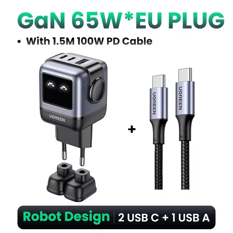 New！UGREEN 65W GaN Charger Robot Design Quick Charge 4.0 3.0 PPS PD Fast Charger for iPhone 16 15 14 Pro Macbook  Laptop Tablet