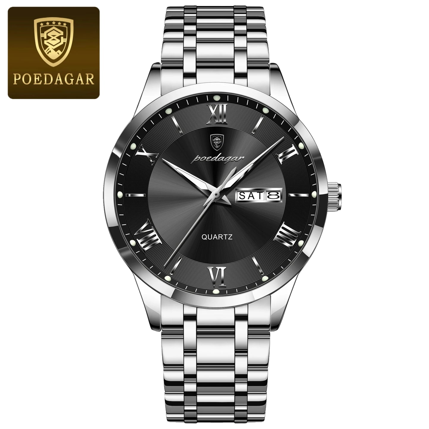 POEDAGAR Luxury Fashion Men Clock Waterproof Luminous Date Week Man Wristwatch Sports Stainless Steel Quartz Men's Watches Reloj