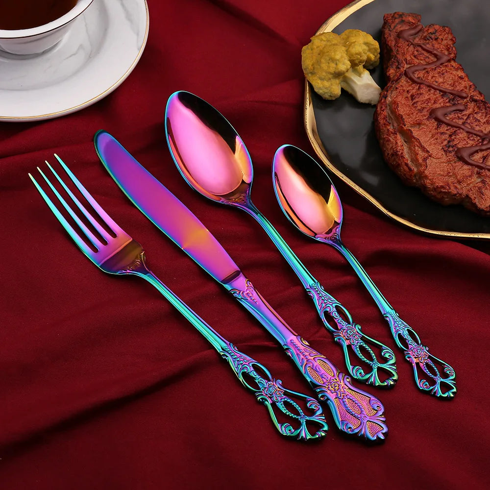 Retro Gold Cutlery Set Luxury Complete Tableware European Style Gift Box Stainless Steel Spoon Fork Steak Knife Set