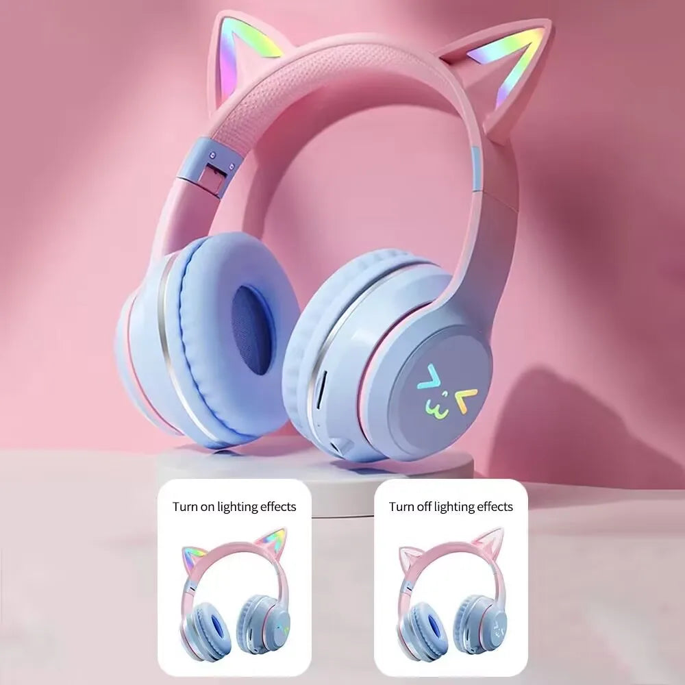 RGB Glow Portable Headphones Blutooth Controllable Light Cat Ear Noise Reduction Wireless Headphone Bluetooth Earphones Pc Gamer