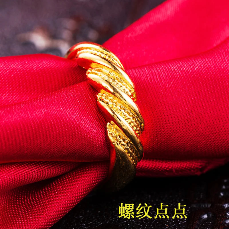 UMQ 24K Pure Plated Real 18k Yellow Gold 999 24k Plain Smooth Face Personality Money Seeking Couple Ring for Men and Women Coupl