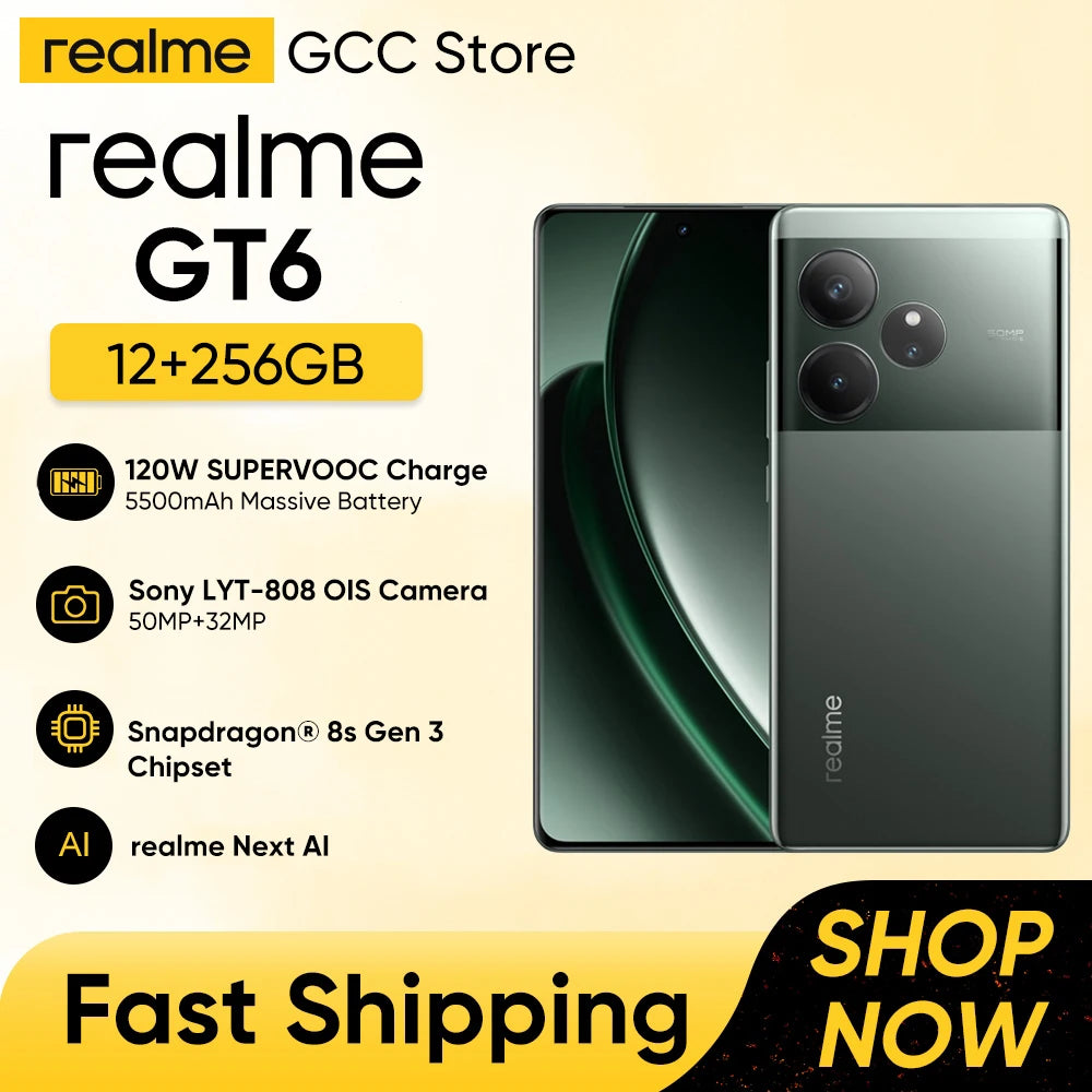 هاتف Realme GT6 5G الذكي 16+512GB كاميرا الرؤية الليلية الذكية شاشة رائدة هي الأكثر سطوعًا وشحن 120 واط SUPERVOOC بطارية 5500 مللي أمبير في الساعة