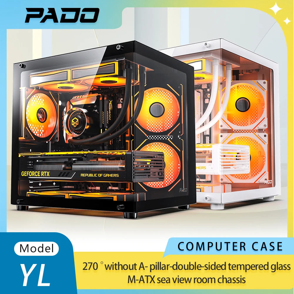 حافظة كمبيوتر ألعاب PADO YL M-ATX، سطح مكتب، غرفة بإطلالة على البحر بزاوية 270 درجة، بدون عمود A، خزانة ألعاب شفافة مزدوجة الجوانب