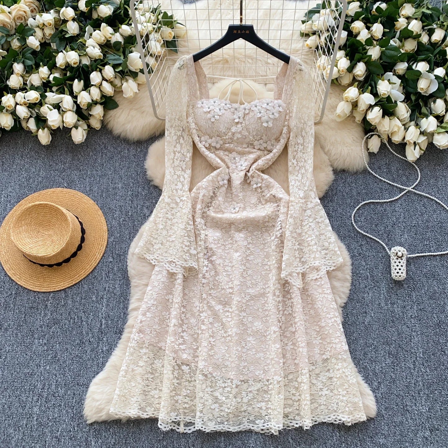 Spring France Elegant Vintage High End Evening Dress Women 3D Flower Lace Hollow Out Party Dress Female Casual Chic Clothing New