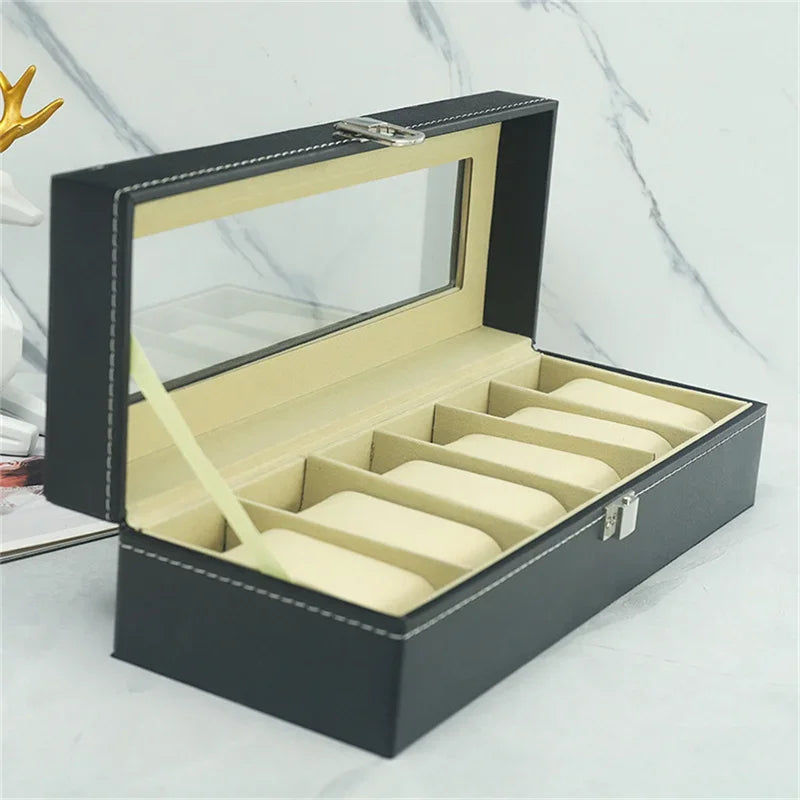 Classical 6 Slots Watch Display Box PU Leather Watches Storage Boxes With Lock Wristwatch Collection Organizer For Men and Women