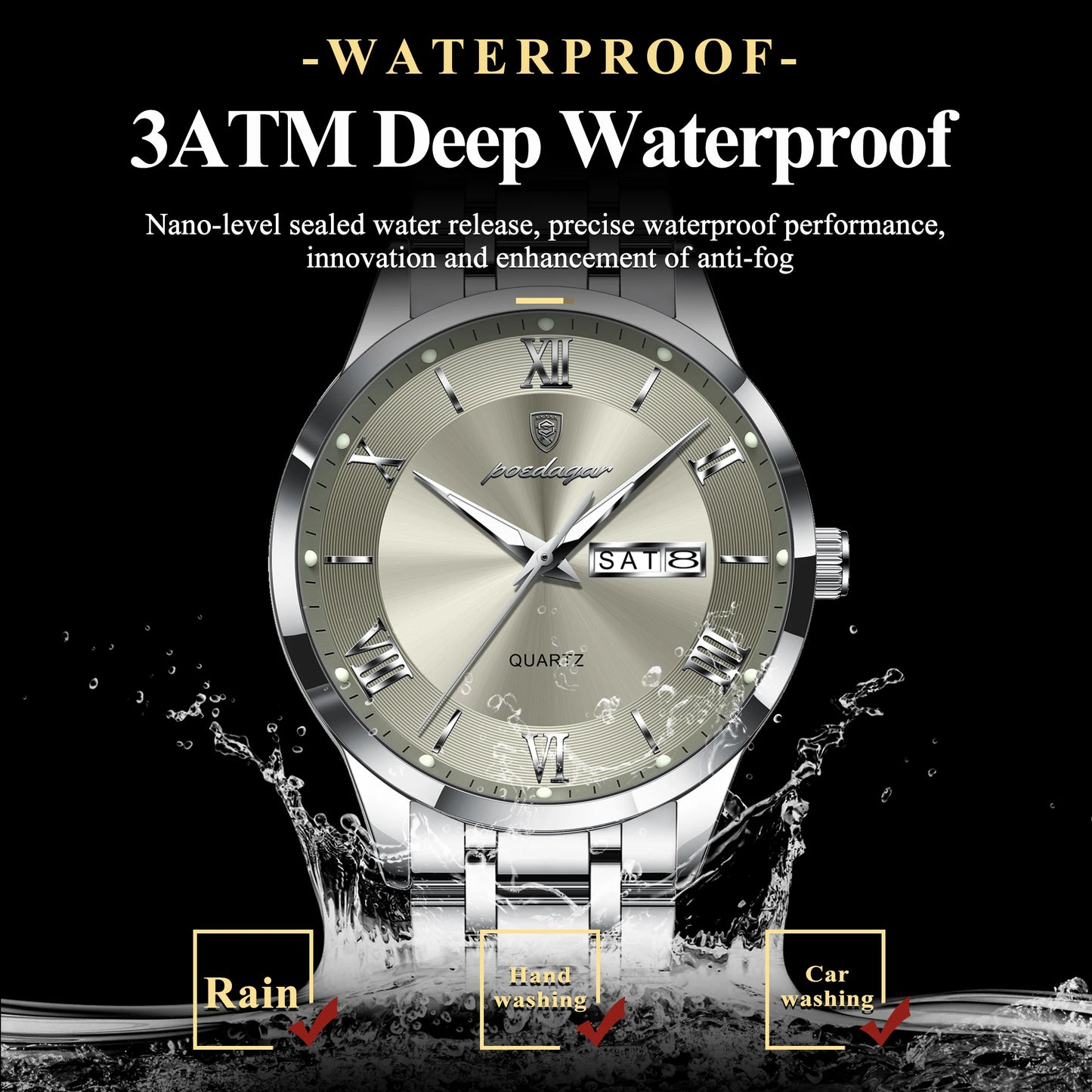 POEDAGAR Luxury Fashion Men Clock Waterproof Luminous Date Week Man Wristwatch Sports Stainless Steel Quartz Men's Watches Reloj