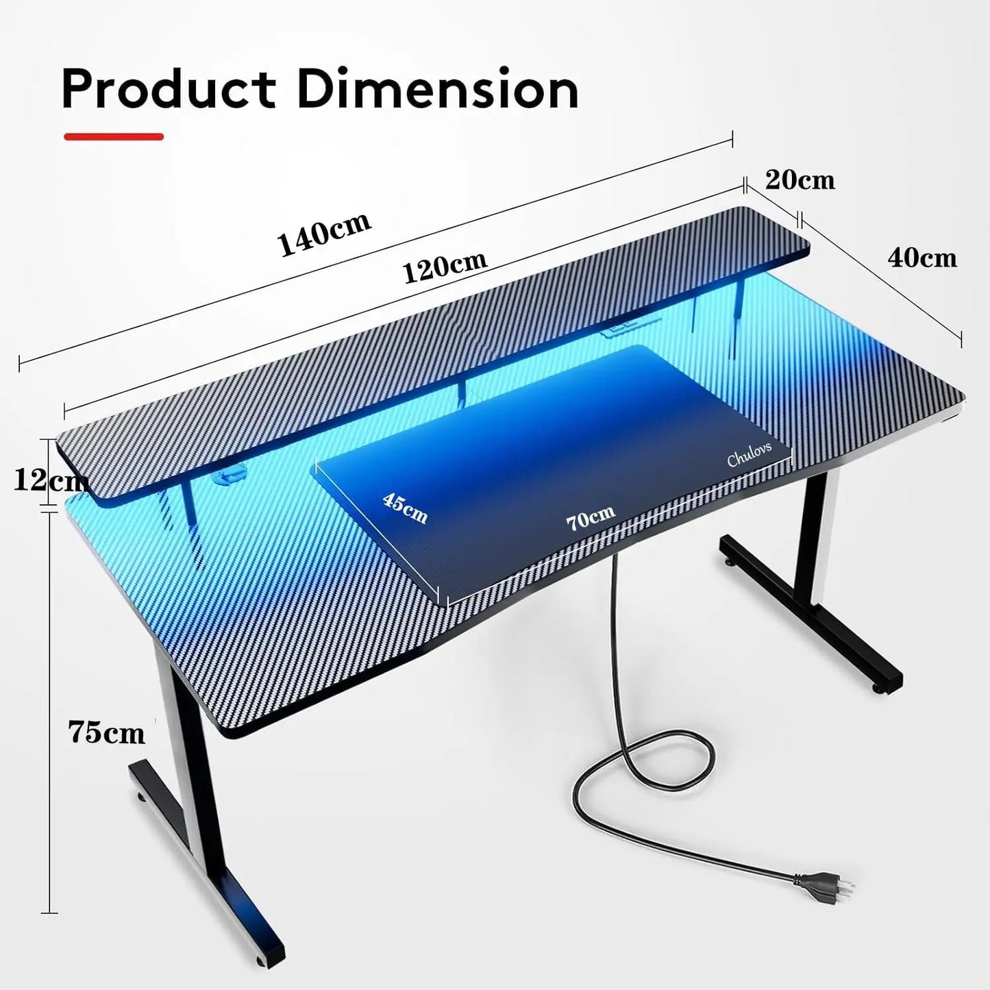 Chulovs 140cm Gaming Desk with RGB LED Lights & Power Outlets, Computer Desk with Monitor Stand, Headphone Hook