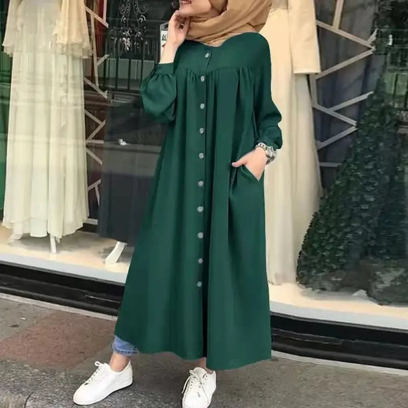 فستان إسلامي كاجوال نسائي مقاس كبير 4XL 5XL بأكمام طويلة وأزرار وجيوب وعباءات للنساء فستان عباية مفتوح