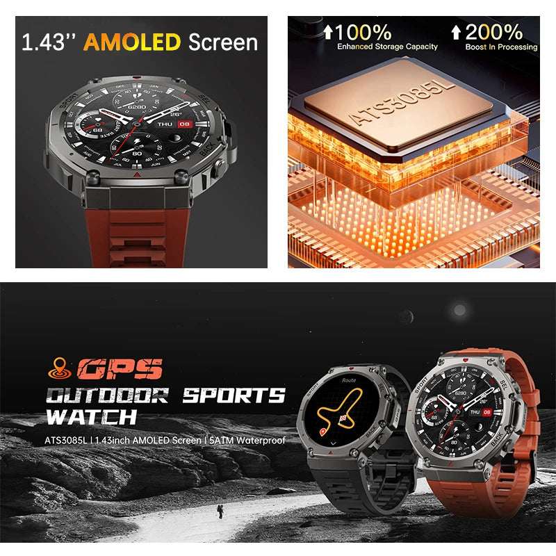 2025NEW GPS Smart Watch 5ATM Waterproof Outdoor Rugged Military Compass 170+ Sports Mode 1.43'' AMOLED Screen BT Call Smartwatch