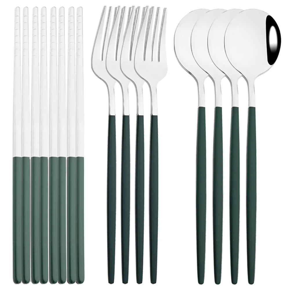 12-16Pcs Chopsticks Knife Fork Spoon Cutlery Set Green Gold Dinnerware Set Luxury Stainless Steel Flatware Korean Tableware Set