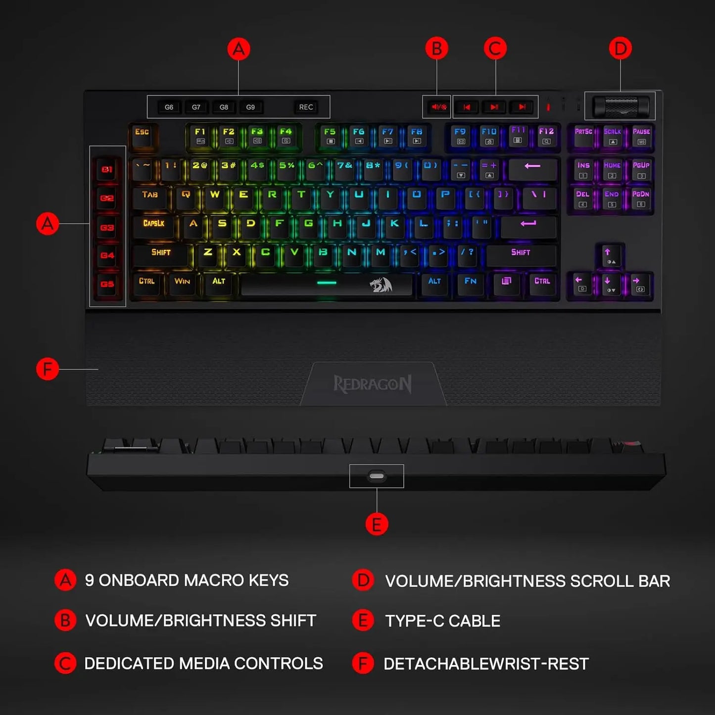 Redragon K596 Wired RGB Mechanical Gaming Keyboard, 87 Keys TKL Compact Keyboard Wrist Rest, Red Switches