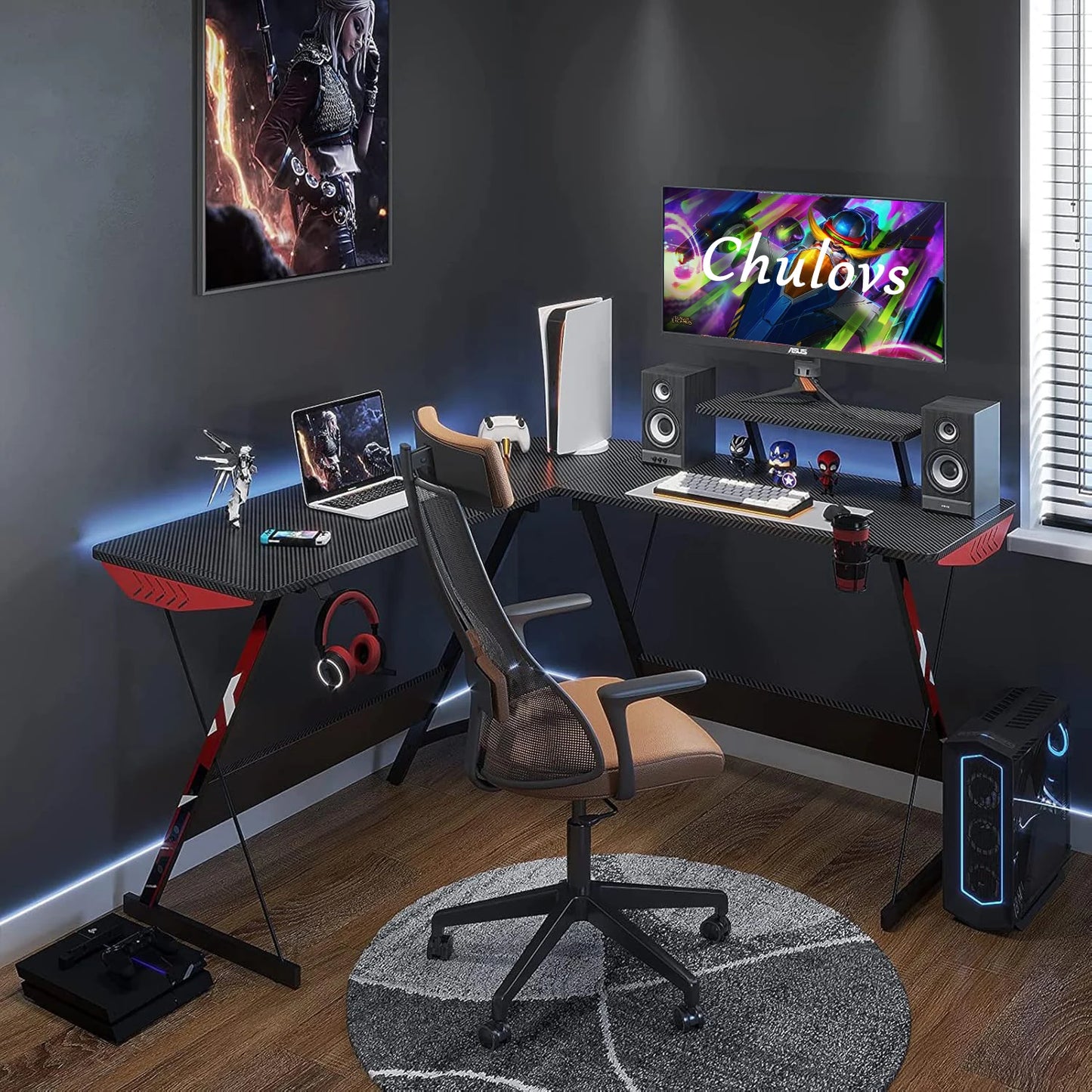 Chulovs L Shaped Gaming Desk 130cm L Shaped Desk, Carbon Fiber, Computer Corner Desk with Large Monitor Riser Stand for Home Off