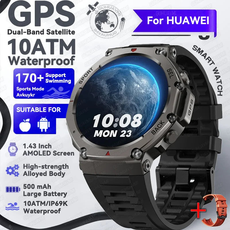 2025NEW GPS Smart Watch 5ATM Waterproof Outdoor Rugged Military Compass 170+ Sports Mode 1.43'' AMOLED Screen BT Call Smartwatch