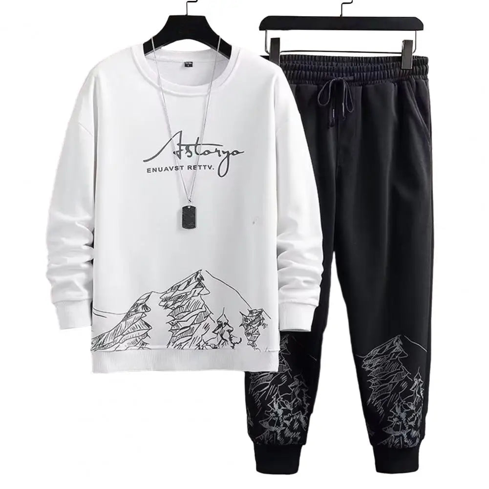 Comfortable Men Track Suit Men's Mountain Print Tracksuit Set with O-neck Sweatshirt Drawstring Jogger Pants for Autumn Winter