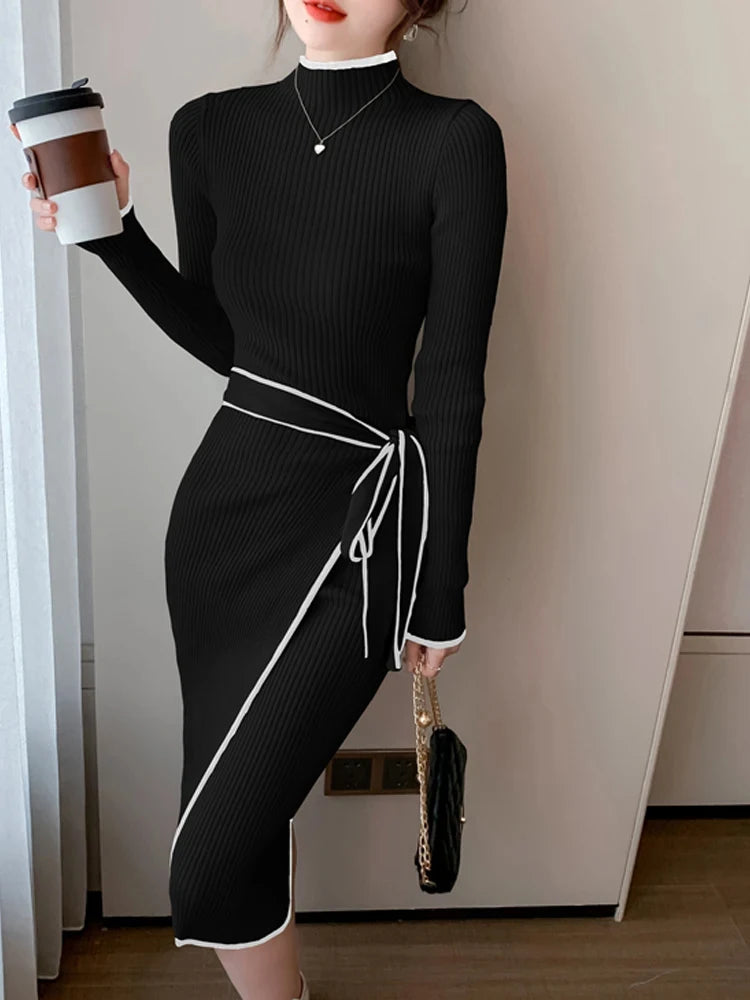 2024 Women Knitted Dress Autumn Winter New Slim Lace-Up Long Sleeve Bottoming Sweater Skirt Elegant Fashion Office Female Skirt