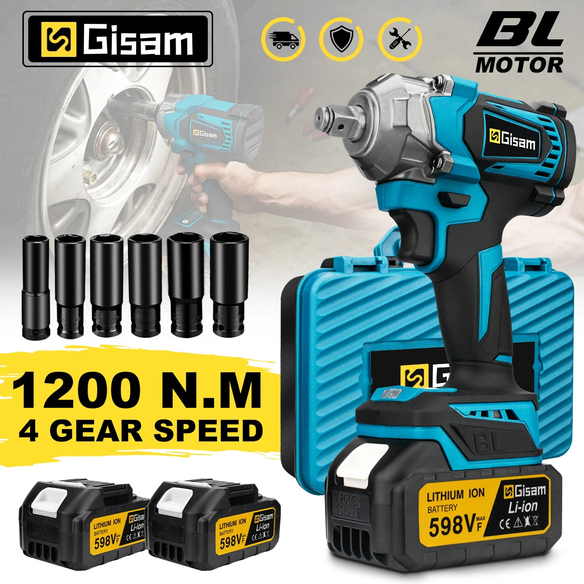 مفتاح ربط كهربائي بدون فرشاة Gisam 1200N.M مفك براغي مقاس 1/2 بوصة مفتاح ربط كهربائي لاسلكي أدوات كهربائية لبطارية ماكيتا 18 فولت