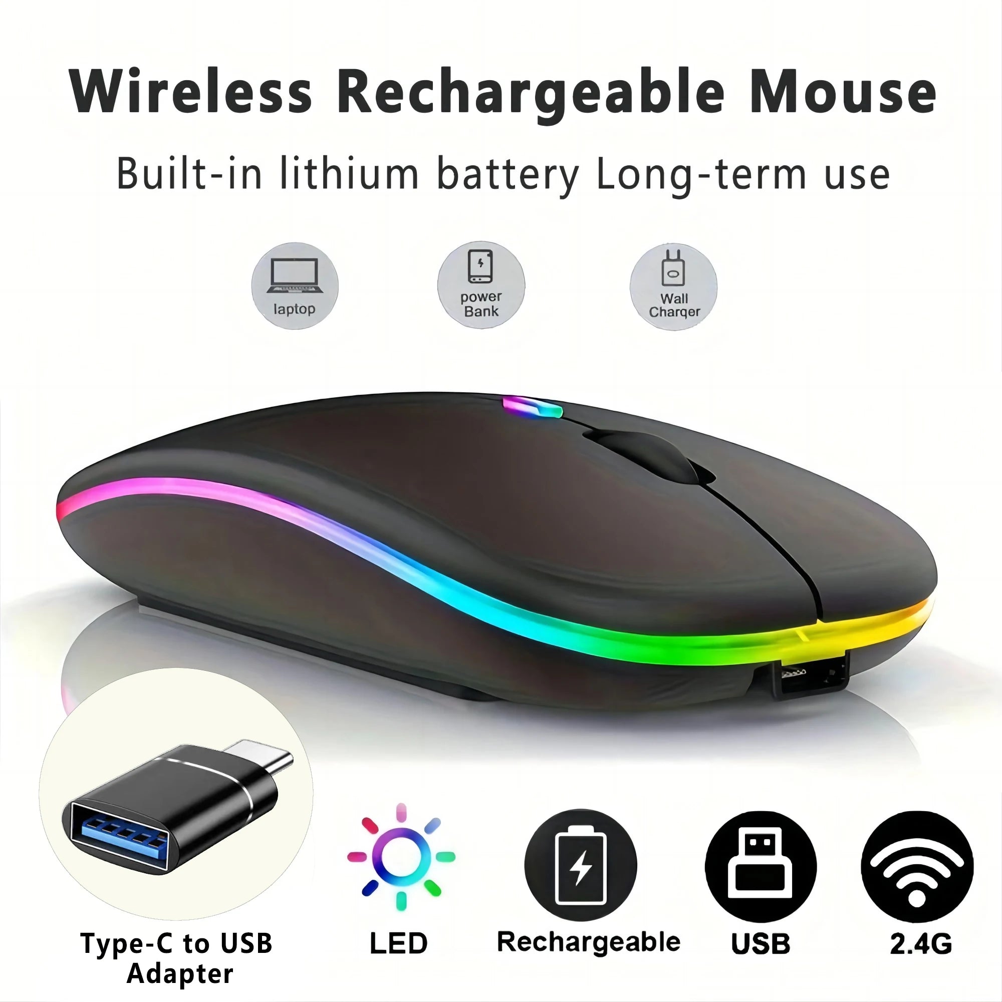 Wireless Bluetooth Mouse With Type-C to USB Adapter, USB Rechargeable With Bluetooth Gaming Mouse For MAC/Laptop/PC/Windows