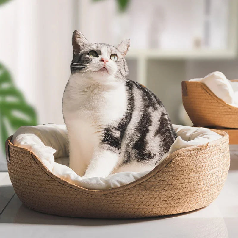 Pet Bed Cat Mat Kennel Dog Beds Sofa Bamboo Weaving Four Season Cozy Nest Baskets Waterproof Removable Cushion Sleeping Bag Toys