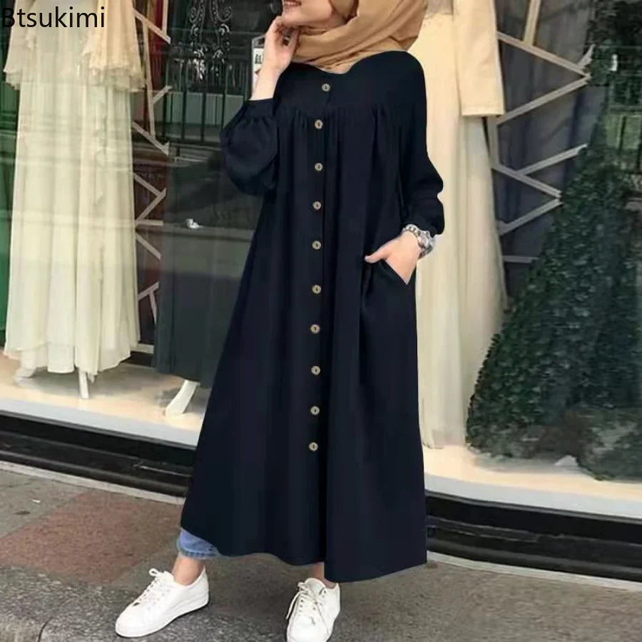 فستان إسلامي كاجوال نسائي مقاس كبير 4XL 5XL بأكمام طويلة وأزرار وجيوب وعباءات للنساء فستان عباية مفتوح