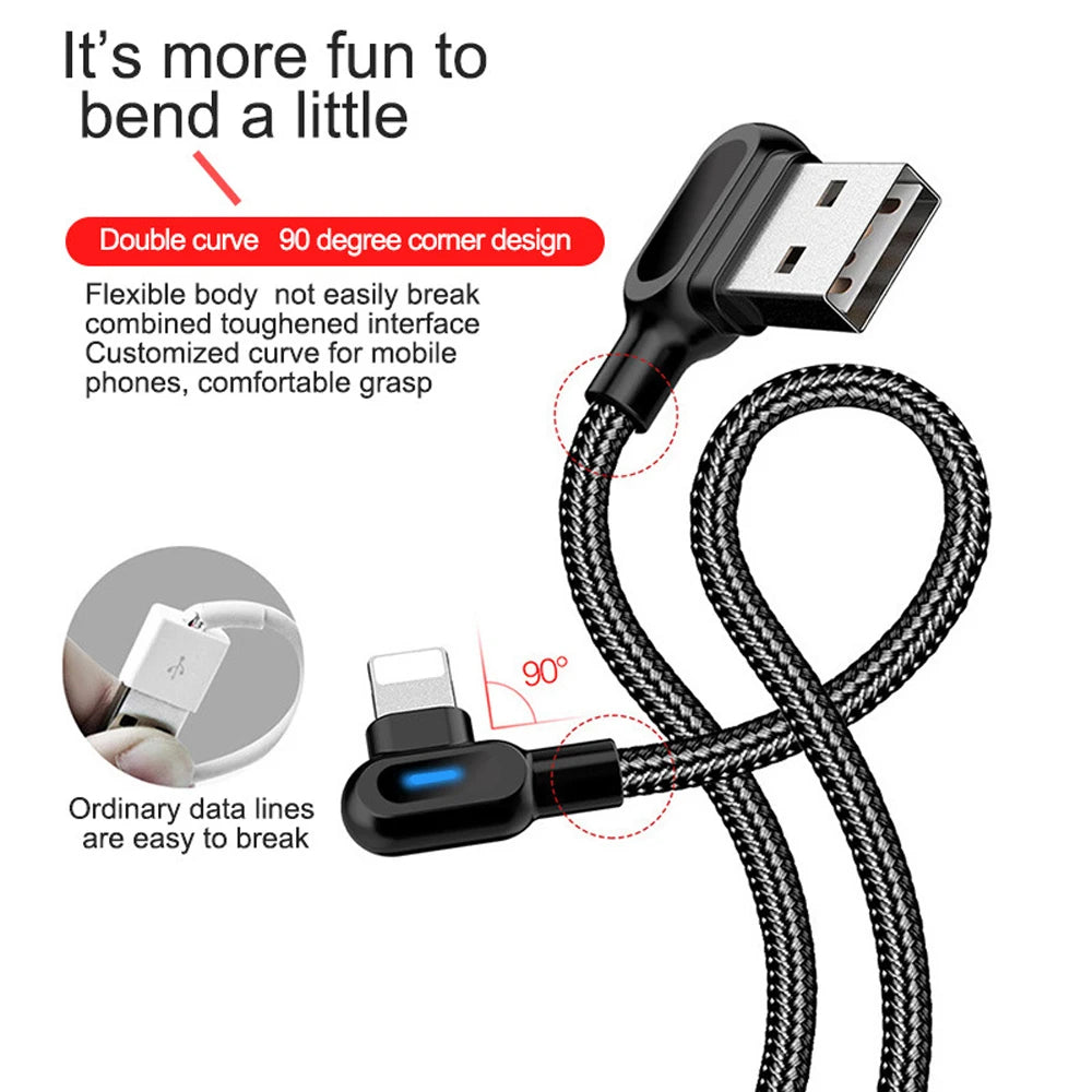 USB Type C Cable With Light LED 90 Degree Elbow Fast Charging For iPhone 14 13 Pro Max Samsung Xiaomi Huawei Charger Data Cables