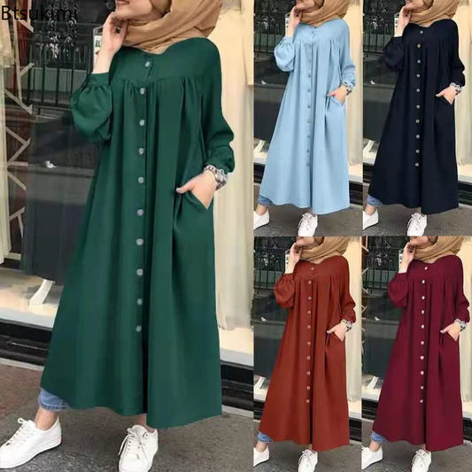 Plus Size 4XL 5XL Women's Casual Muslim Dress Button Solid Long Sleeve Shirt Dress Pocket Robe Abayas for Women Open Abaya Dress