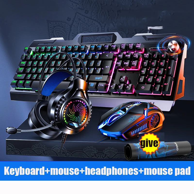 Keyboard V2G5 Mechanical Touch Metal Mouse Earphone 3pcs Set USB Wired Esports Gaming Luminous Keyboards Computer Accessories