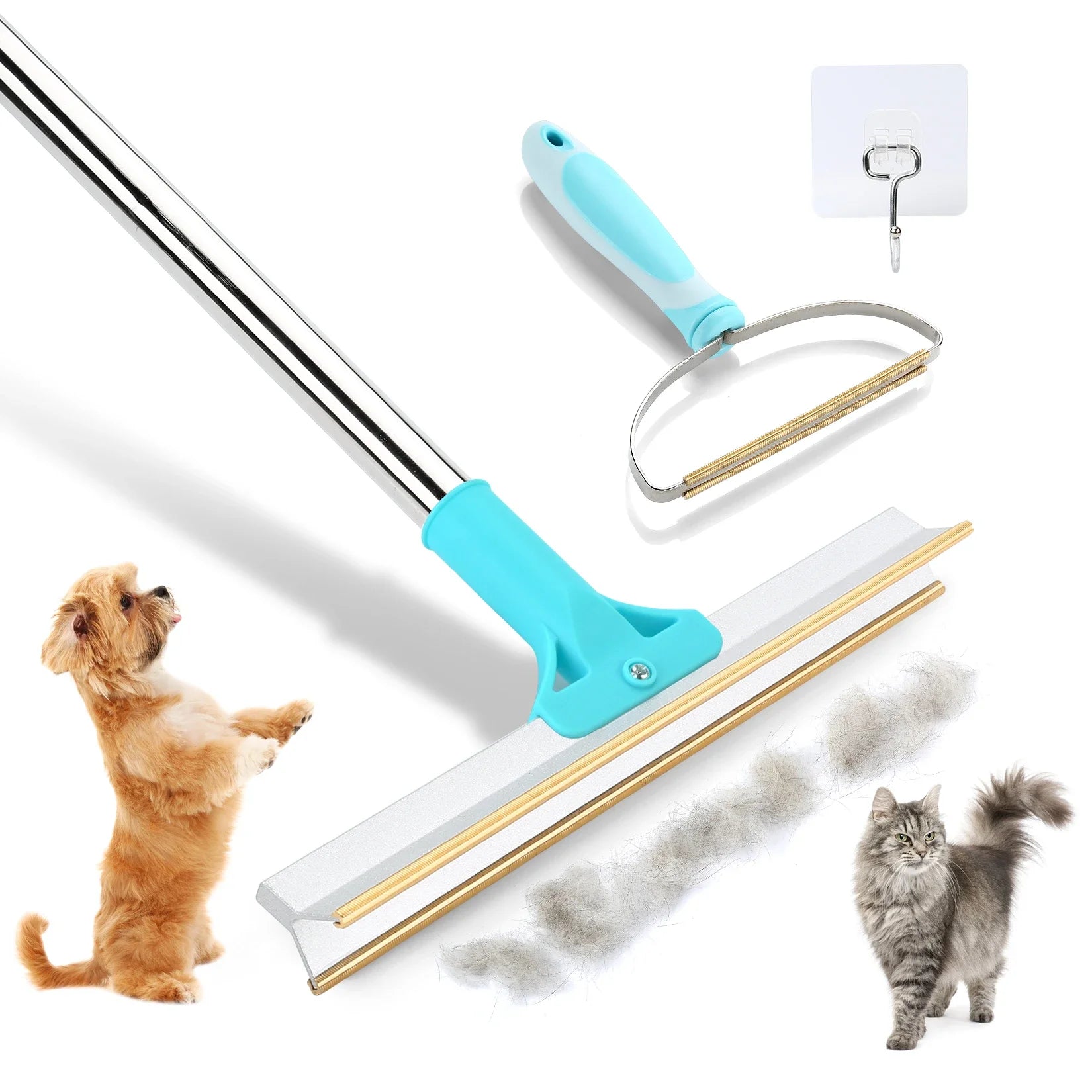 Pet Hair Remover Set Carpet Rake for Pet Hair Removal Adjustable Long Handle Cat Dog Hair Broom Reusable Fur Lint Remover Knife