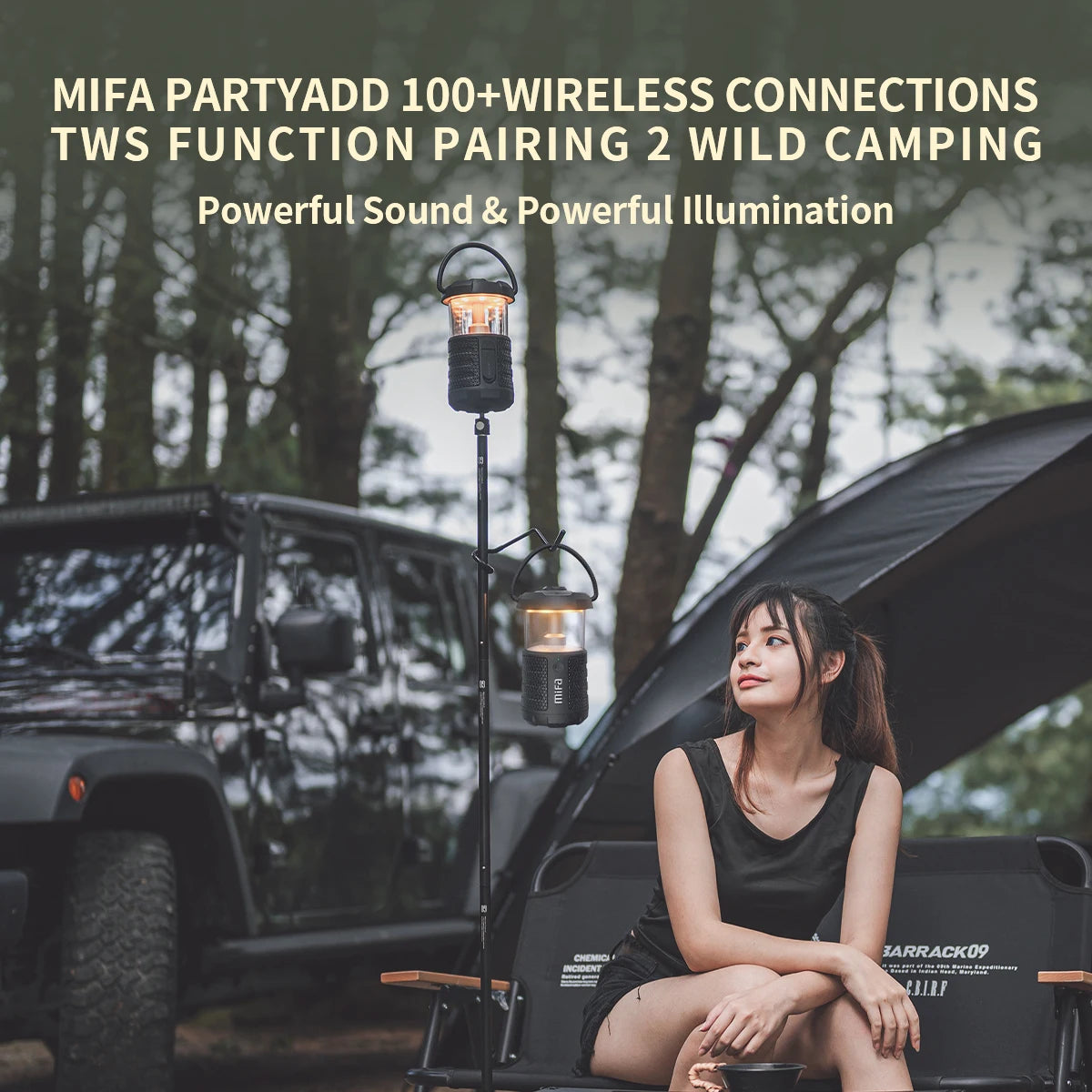 مكبر صوت Mifa Wild Camping Outdoor Bluetooth 5.3 مع فانوس، صوت قوي 360 درجة، إضاءة 360 درجة، مقاوم للماء IP67، وقت تشغيل 38 ساعة