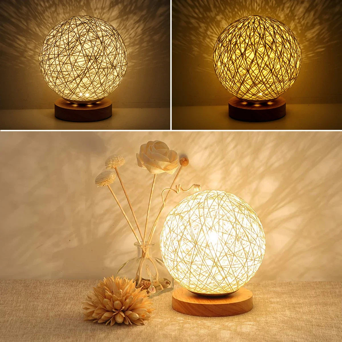 مصباح ليلي رومانسي إبداعي من INS Wind Starry مصباح طاولة لغرفة النوم ومصباح بجانب السرير ومصباح Fantasy Rattan Ball Light (أصفر فاتح) ومصباح Cat