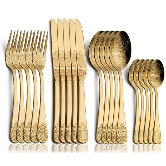 1/2/4/8/24 Pcs Gold Luxury Cutlery Sets Fork Spoon Knife Silverware Kit Vintage Carved Tableware Set European Dinnerware