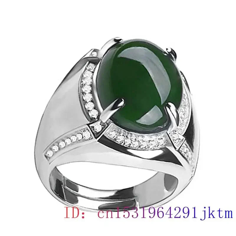 Green Jade Ring Men Zircon Fashion Crystal Charm Gifts Amulet Gemstone 925 Silver Natural Chalcedony Women Jewelry