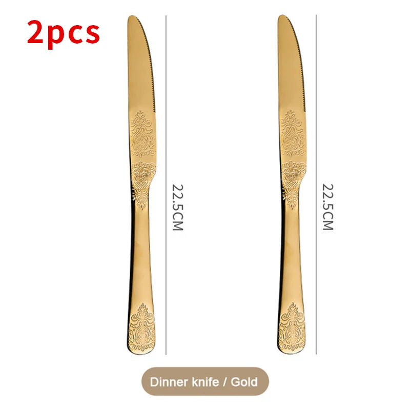 1/2/4/8/24 Pcs Gold Luxury Cutlery Sets Fork Spoon Knife Silverware Kit Vintage Carved Tableware Set European Dinnerware