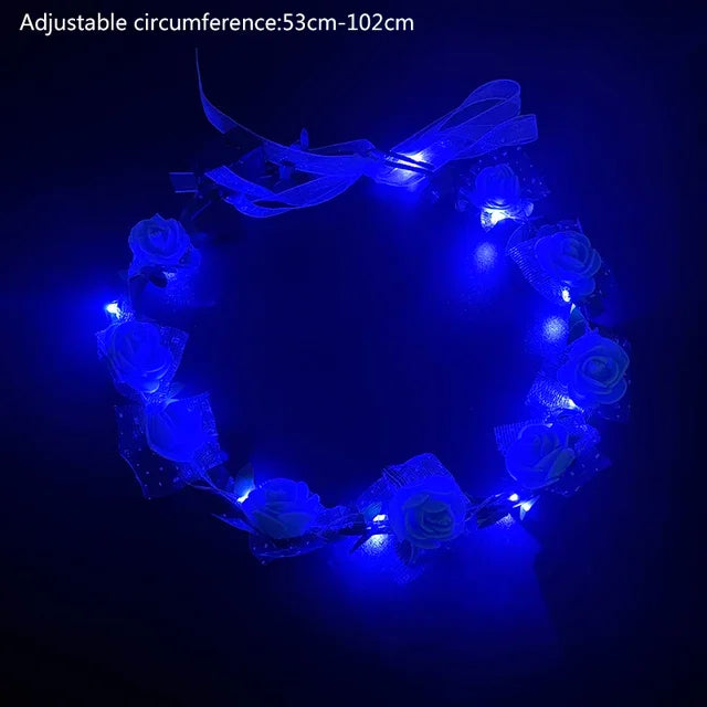 Luminous LED Rose Wreath with Ribbon Artificial Flower Crown Fashion Lighting Girls Women Hairband Birthday Wedding Decoration