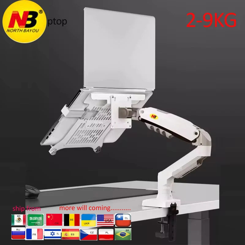 NB F80 + FP-2 full motion 360 rotate pivot 2-9kg gas spring arm 10"-17" laptop tray desktop stand clamp 10-90mm grommet hole