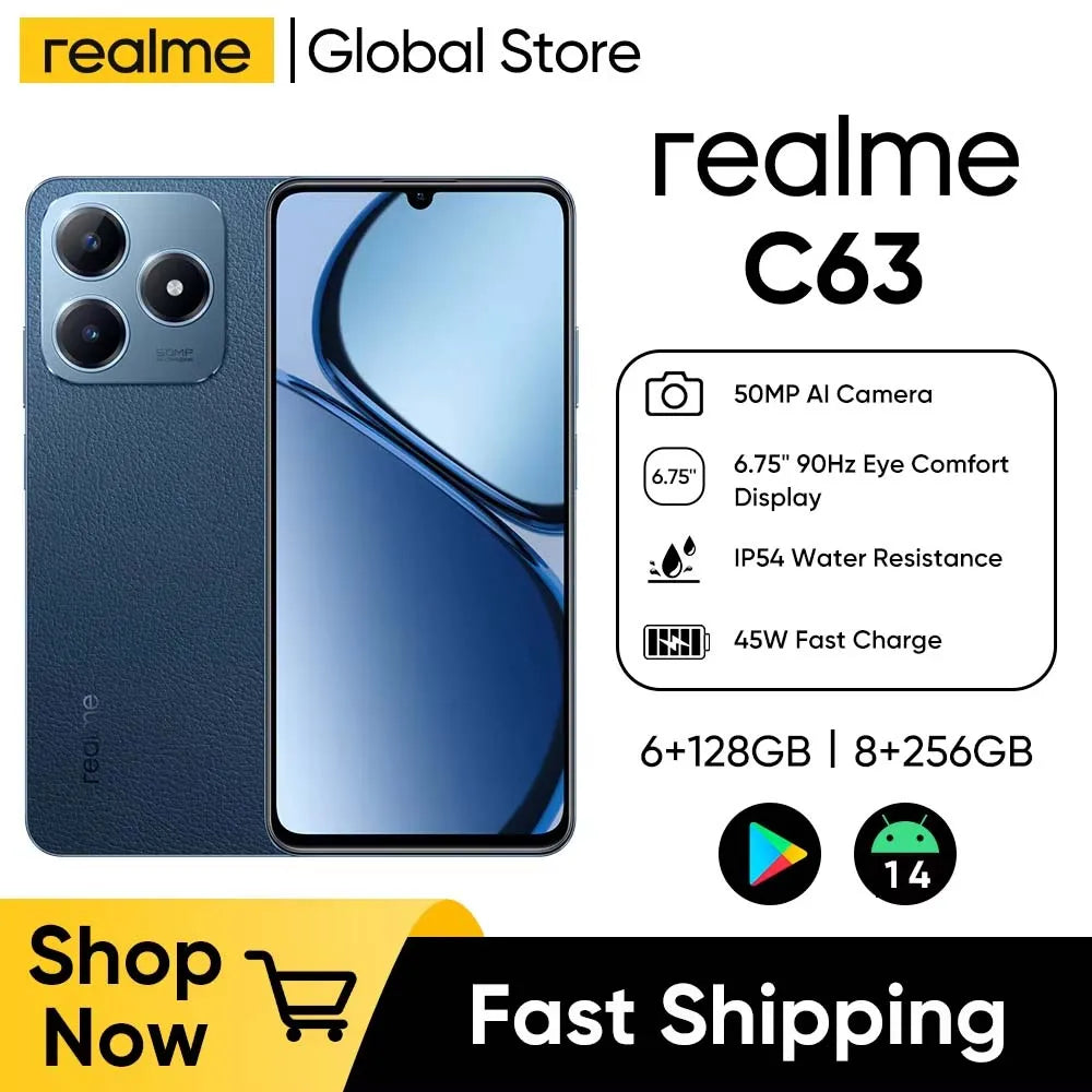 realme C63 8+256GB شاشة مريحة للعين 6,75 بوصة 90 هرتز كاميرا AI 50 ميجا بكسل بطارية 5000 مللي أمبير شحن سريع 45 وات