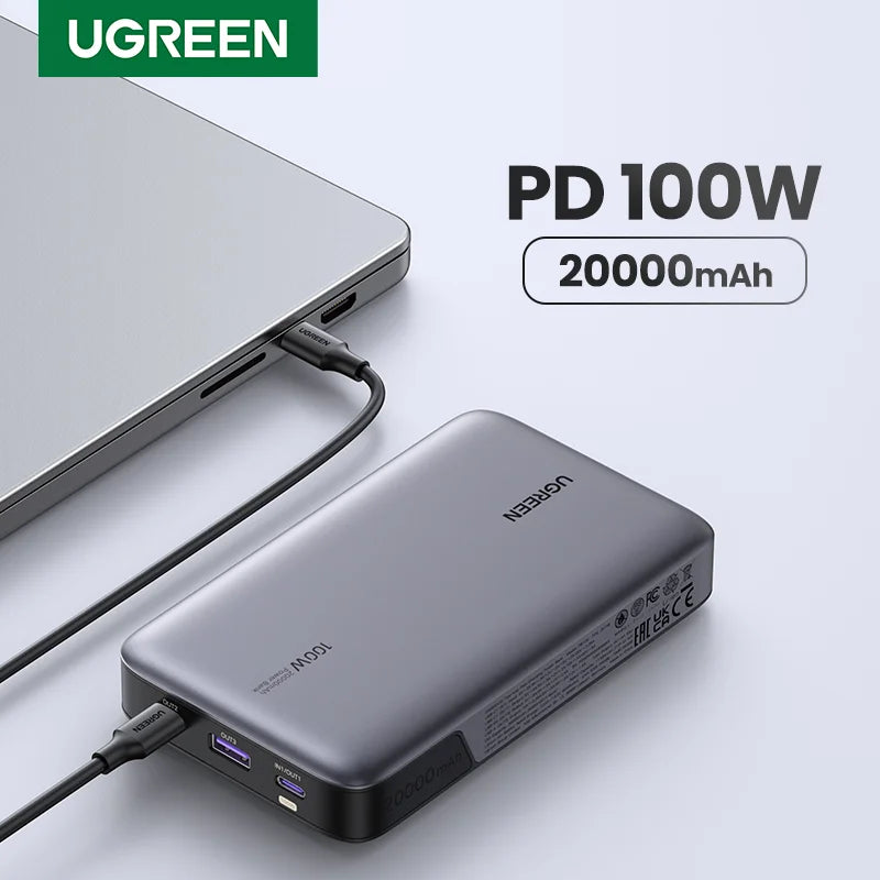 باور بانك UGREEN 100 وات 20000 مللي أمبير في الساعة محمول بتقنية PD للشحن السريع لأجهزة iPhone 15 والكمبيوتر المحمول والكمبيوتر المحمول وبطارية خارجية سريعة الشحن