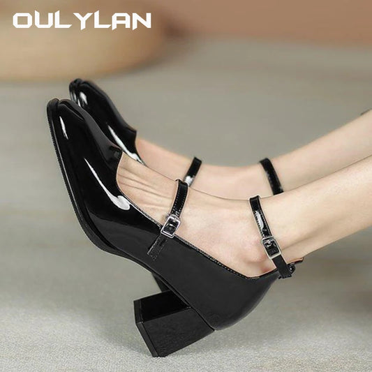 Fashion 2024 Women's Thick Heel Shoes High Quality Leather Shoes for Women Square Toe Shallow Buckle Strap Women's Shoes