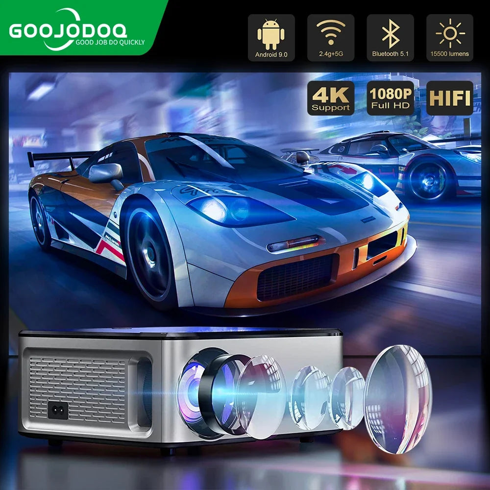 جهاز عرض GOOJODOQ T02 بدقة 1080 بكسل 4K Ultra HD 1920×1080 15500 لومن محمول 2.4 جيجا هرتز 5 جيجا بايت أندرويد/IOS مسرح منزلي ذكي خارجي