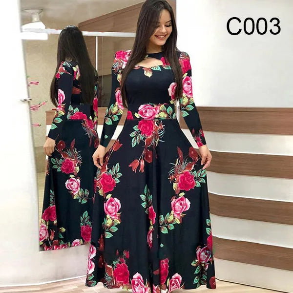 Spring /Autumn Fashion Flower Long Sleeved O-Neck Hollow Slim Fit Dress Women Elegant Long Vestido Maxi Clothes Robe Sexy Femme