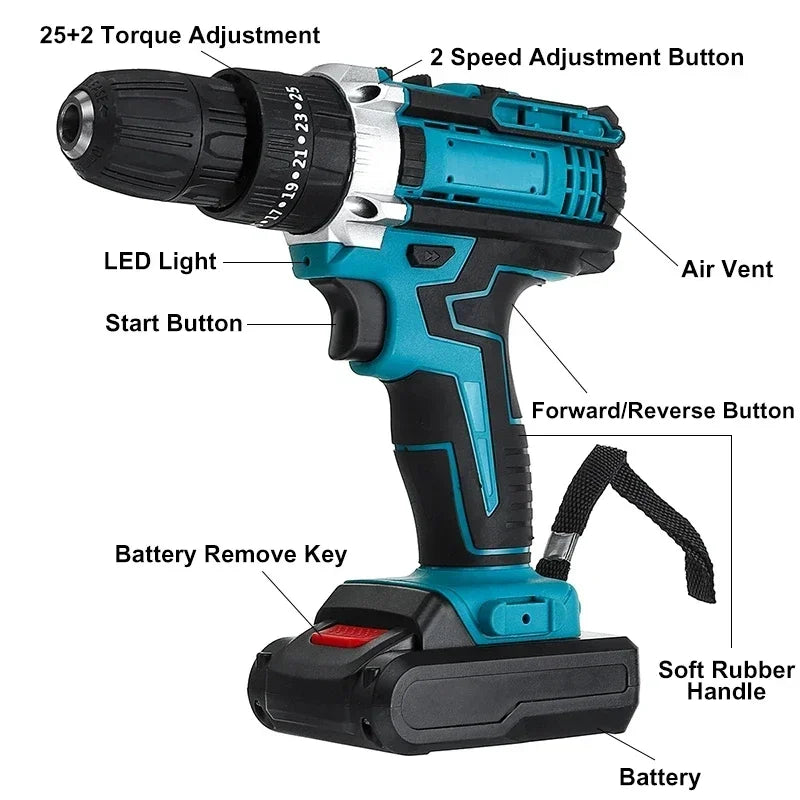 25+3 Torque Battery Impact Screwdriver Cordless Drill Household Power Tool Setting 2 Gear Speed Electric Screwdriver