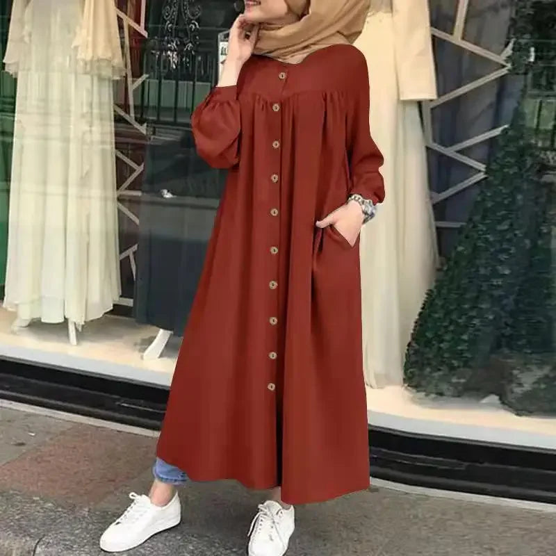 Plus Size 4XL 5XL Women's Casual Muslim Dress Button Solid Long Sleeve Shirt Dress Pocket Robe Abayas for Women Open Abaya Dress