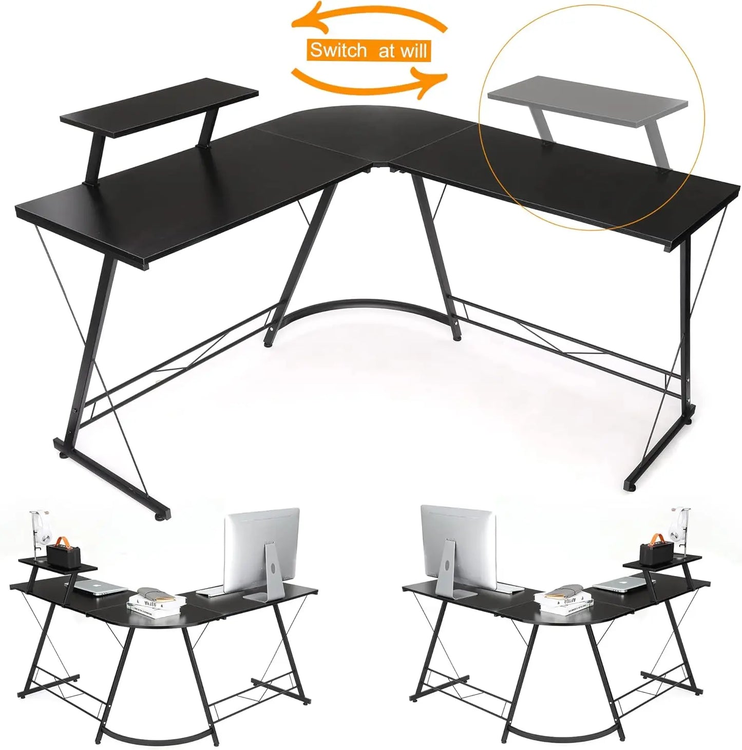 L Shaped Gaming Desk Round Corner,Shelf Computer Desk With Monitor Stand Office Home,Black 129*129*74CM