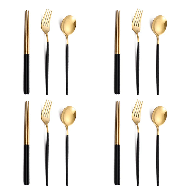 12-16 Pcs Black Gold Cutlery Set Chopsticks Knife Fork Spoon Golden Stainless Steel Korean Dinnerware Set Luxury Tableware Set