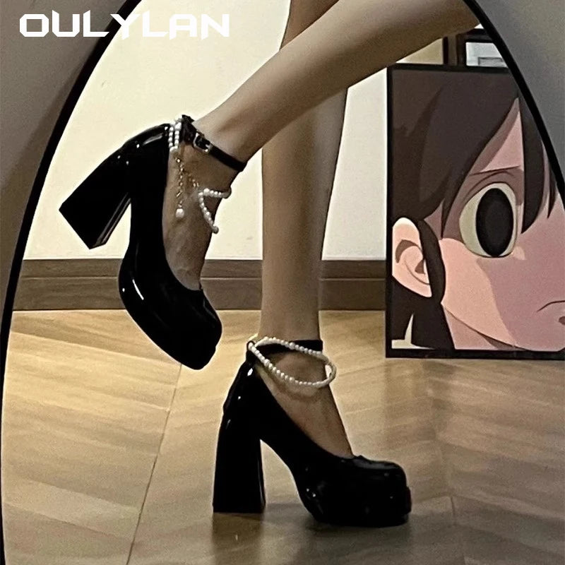 Oulylan New Ladies High Heels Elegant Toe Black High Heels Fashion Thick Heel Wedding Party Pearl Lace Wedding Shoe