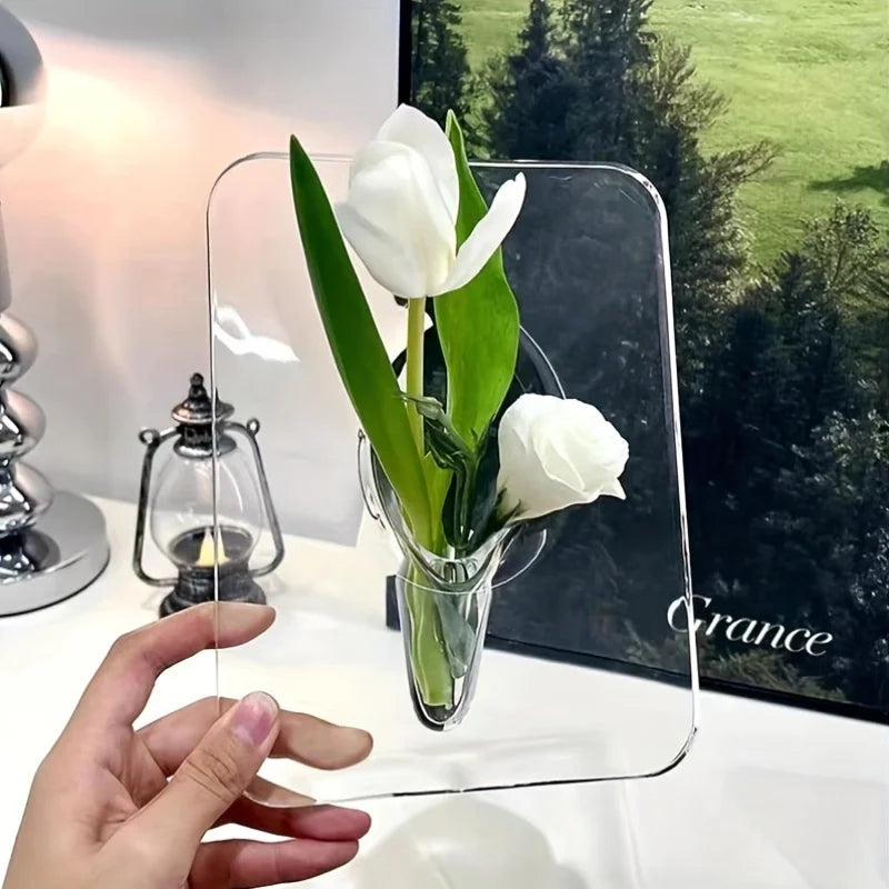 Acrylic Transparent Picture Frame Vase - Waterproof Modern Art Centerpiece, Unique Decorative Room Desk Vase for Living Room, Be