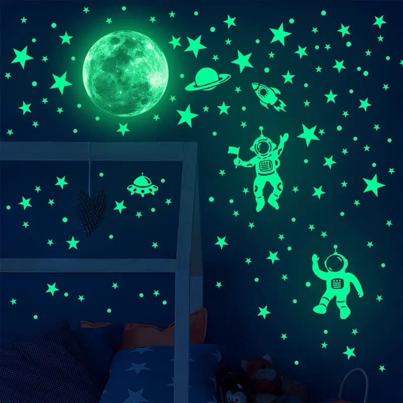 Luminous Moon Stars Astronaut Ceiling Wall Stickers Bedroom Living Room Glow Decals Noctilucent Stickers Home DIY Decoration