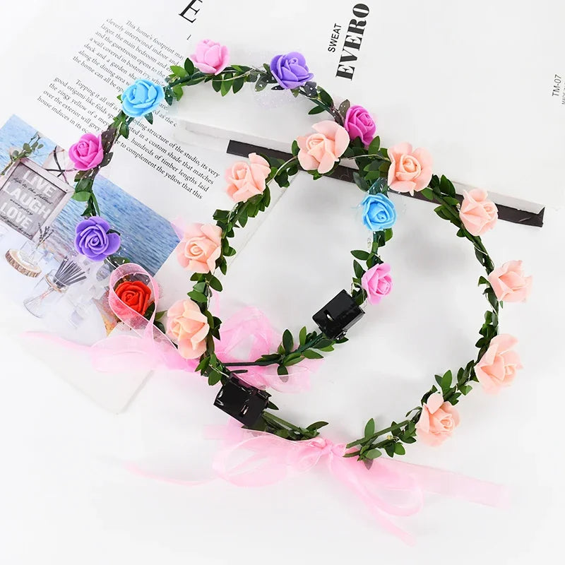 Luminous LED Rose Wreath with Ribbon Artificial Flower Crown Fashion Lighting Girls Women Hairband Birthday Wedding Decoration