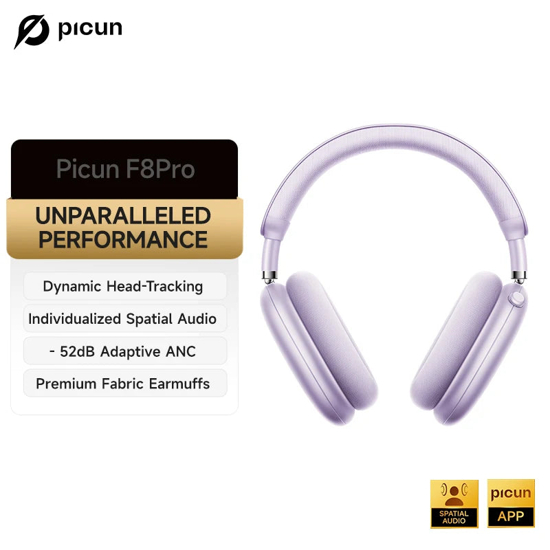 Picun F8 Pro ANC Wireless Headphones Head Tracking 3D Spatial Audio -52dB ANC HIFI Bluetooth Headset ENC HD Mic Low-Latency APP