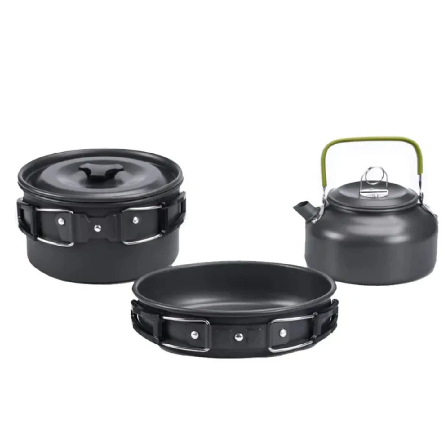 Portable Outdoor Aluminum Cooking Kit Set for 2-8 People - Camping Cookware Pan, Pot, Kettle, and Bowl - BBQ Picnic Hiking Table